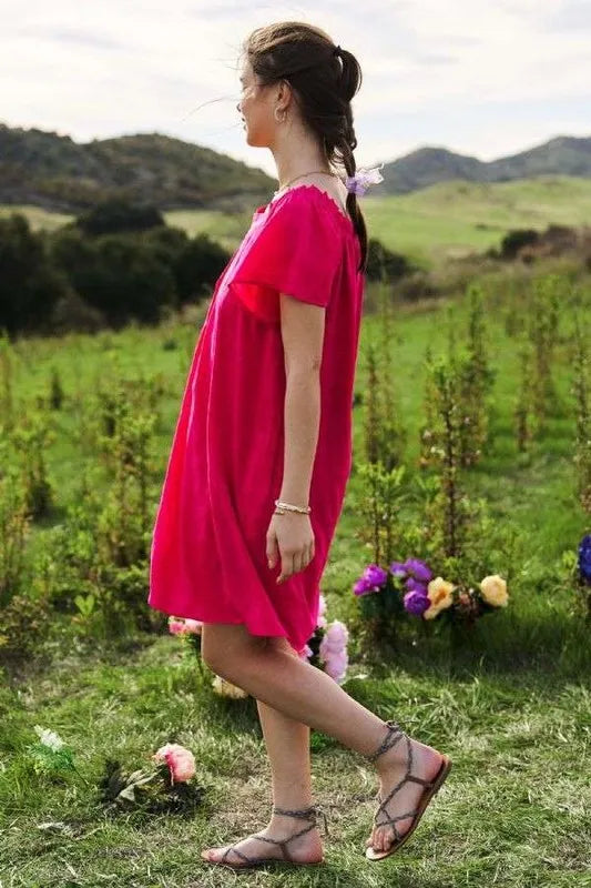 Textured Ruffle Boat Neck Shift Dress in Fuchsia - product view 7