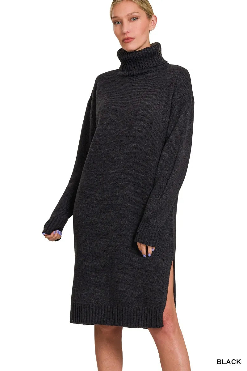 Turtle Neck Long Sleeve Midi Sweater Dress - Black - product view 1