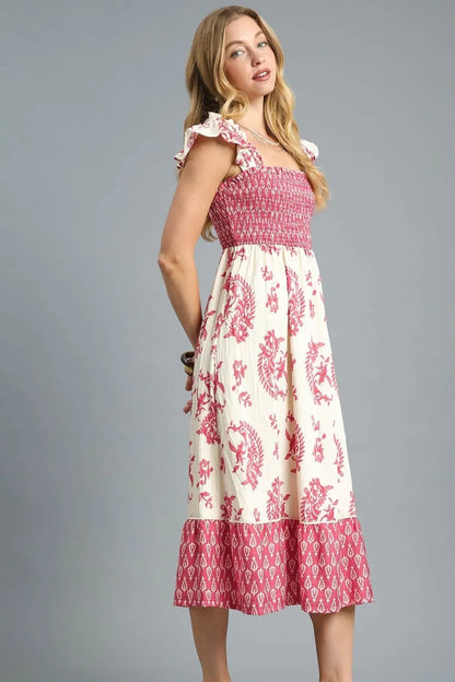 Printed Smocked Midi Dress with Ruffle Details in Deep Rose - product view 2