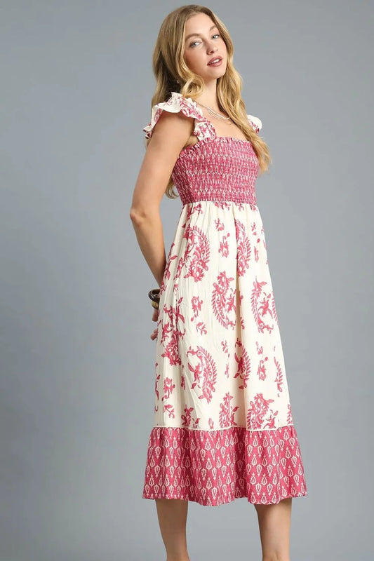 Printed Smocked Midi Dress with Ruffle Details in Deep Rose - product view 2