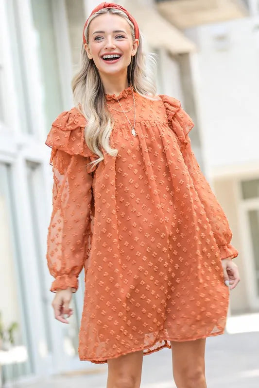 Lovely Ruffle Shoulder with Textured Woven Dress in Camel - product view 1