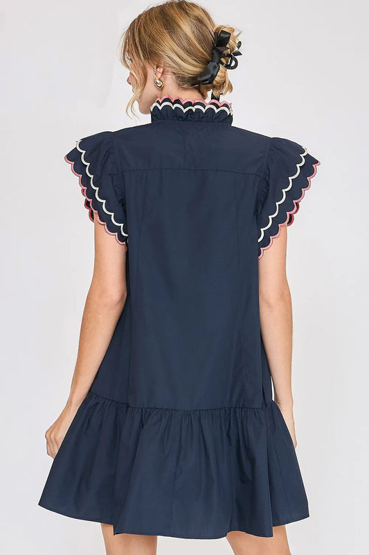 Full Size Ruffled Scalloped Sleeved Dress Plus Size in Dark Navy - product view 2