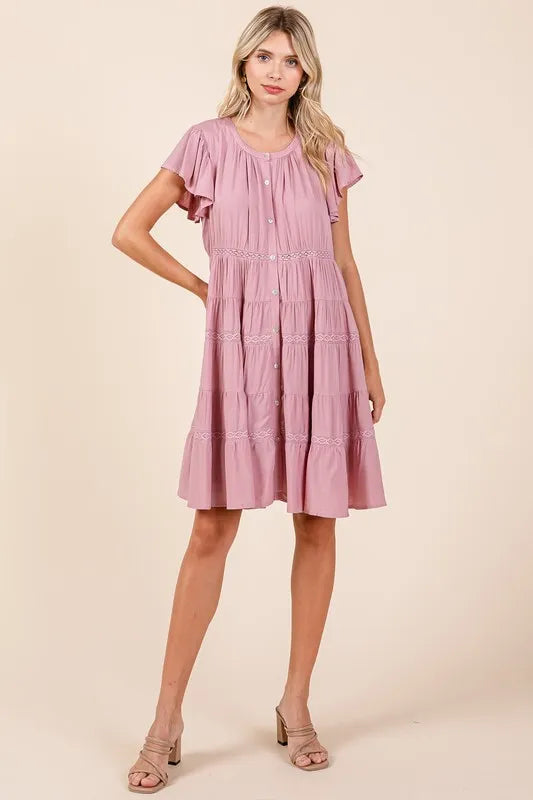 Lace Detail Ruffled Button Down Tiered Dress - Dusty Pink - product view 5