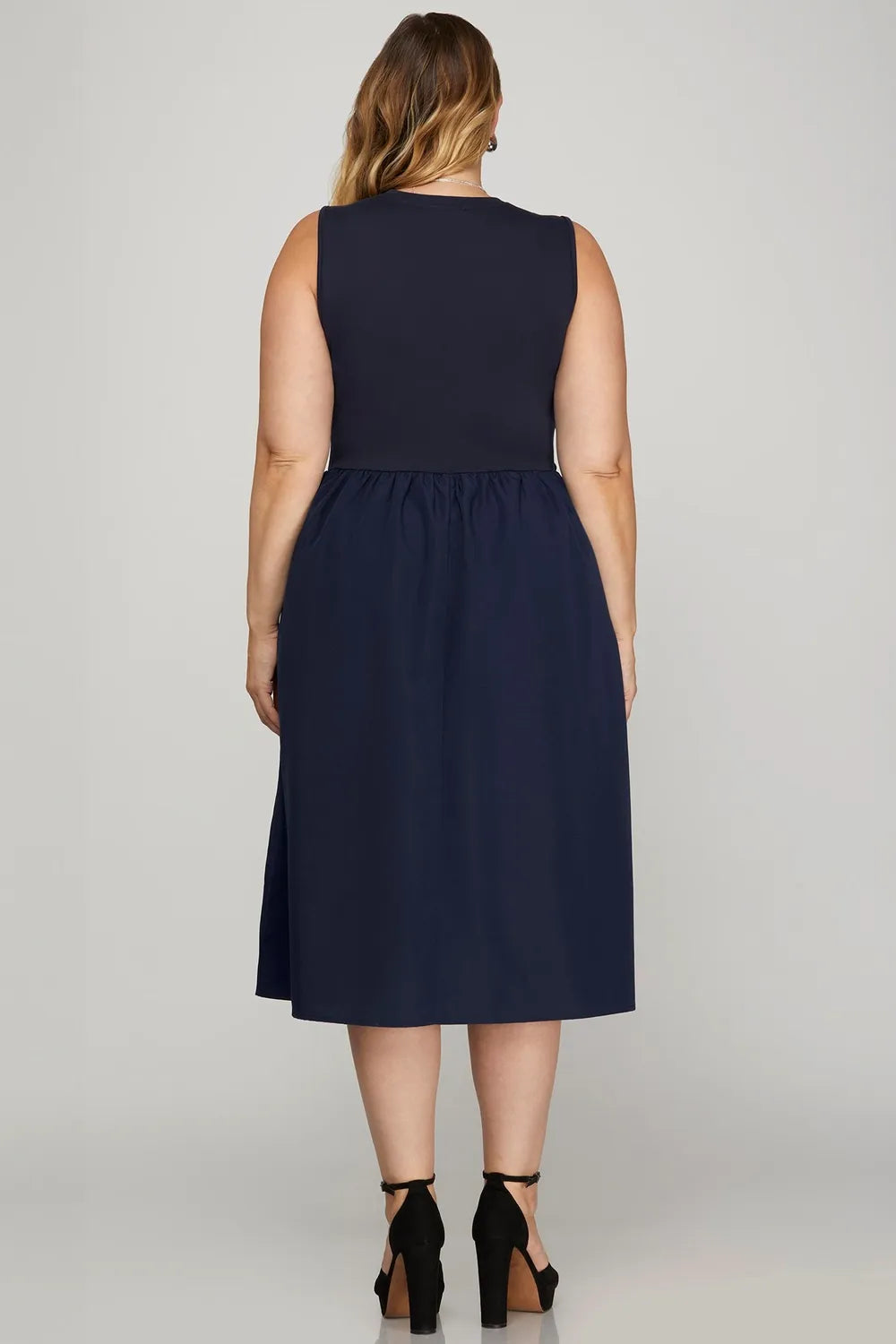 Full Size Sleeveless Poplin Woven Midi Dress with Pockets Plus Size - Dark Navy - product view 5