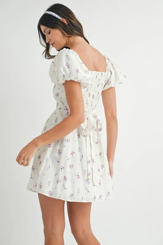 Floral Print Puff Sleeve Mini Dress - Off White - product view 9