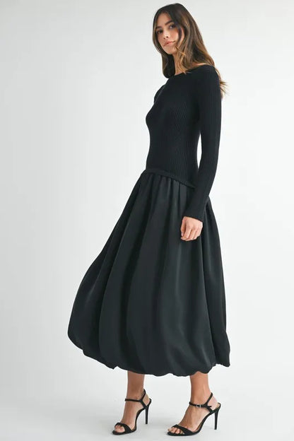 Ribbed Poplin Mix Midi Sweater Dress in Black - product view 7