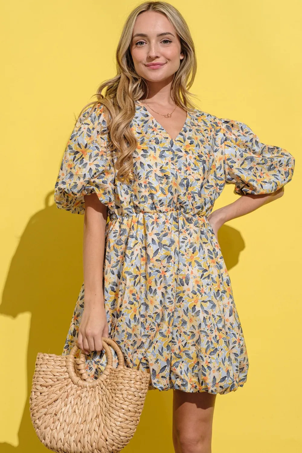 Full Size Floral Surplice Puff Sleeve Dress - Yellow Multi - product view 6