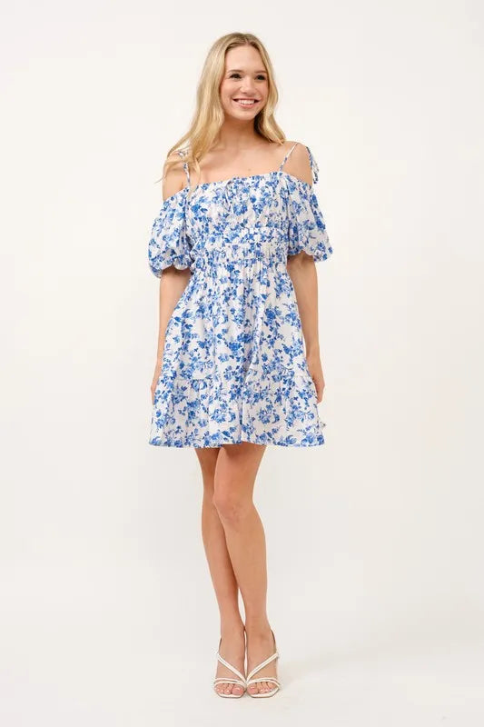 Off Shoulder Bubble Sleeve Dress in White Blue - product view 5