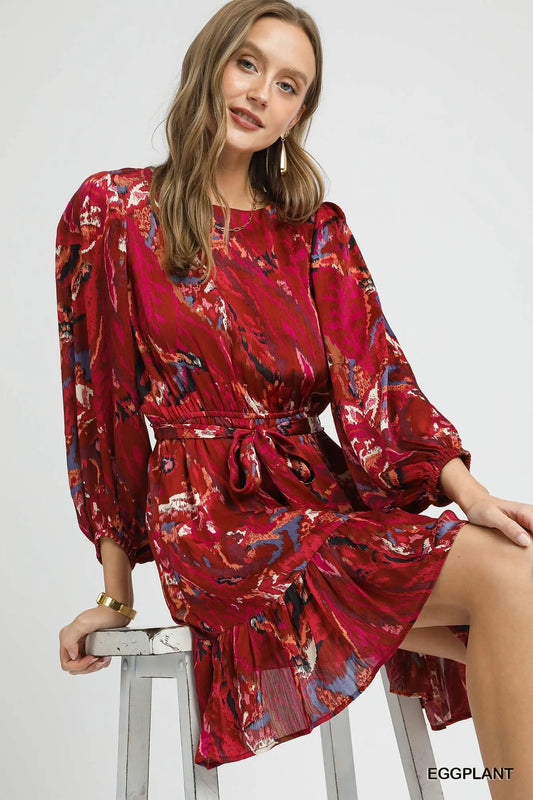 Ruffled Hem Printed Balloon Sleeve Dress in Eggplant - product view 2