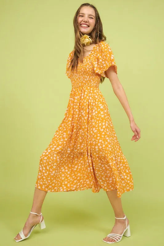 Flower Print Flutter Sleeve Smocked Midi Dress in Gold - product view 2