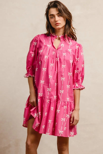 Ribbon Patterns With Scallops Edge Details Short Sleeve Dress in Fuchsia - product view 14