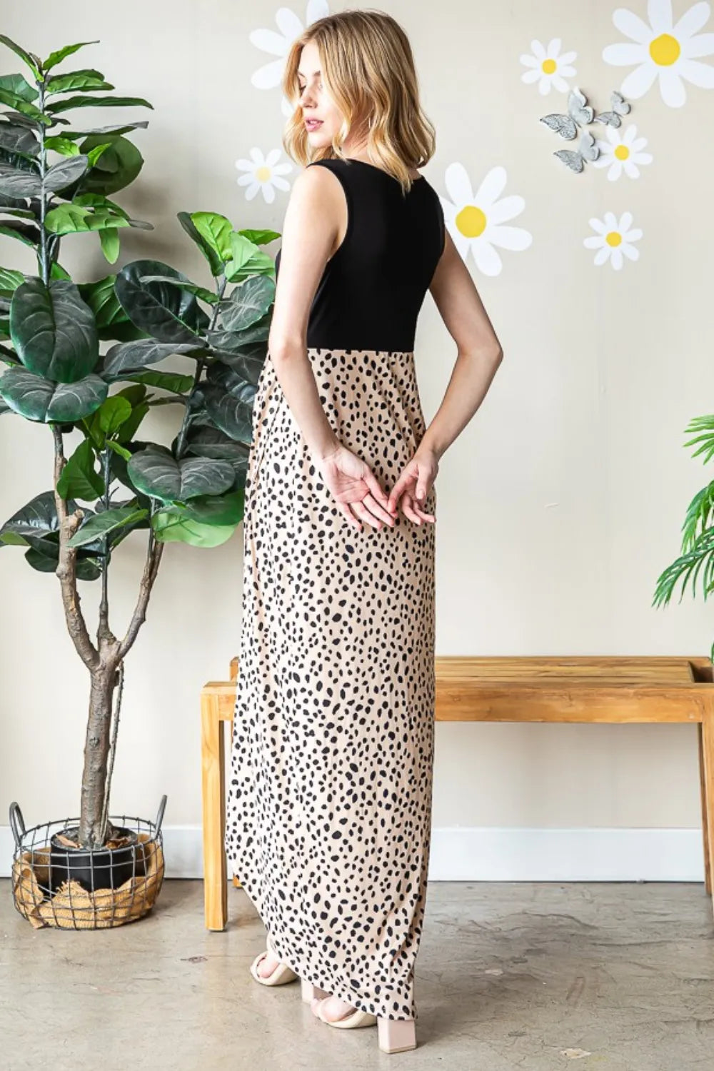 Full Size Slit Animal Print V-Neck Wide Strap Dress in Khaki/Black - product view 7