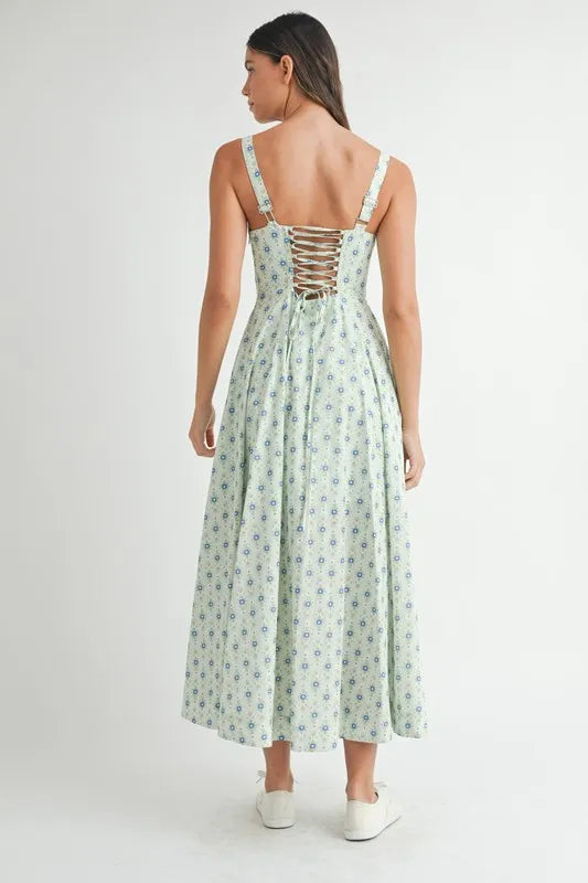 Floral Print Bustier Back Lace Up Midi Dress - Mint - product view 2