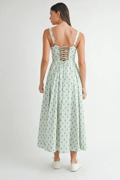 Floral Print Bustier Back Lace Up Midi Dress - Mint - product view 2