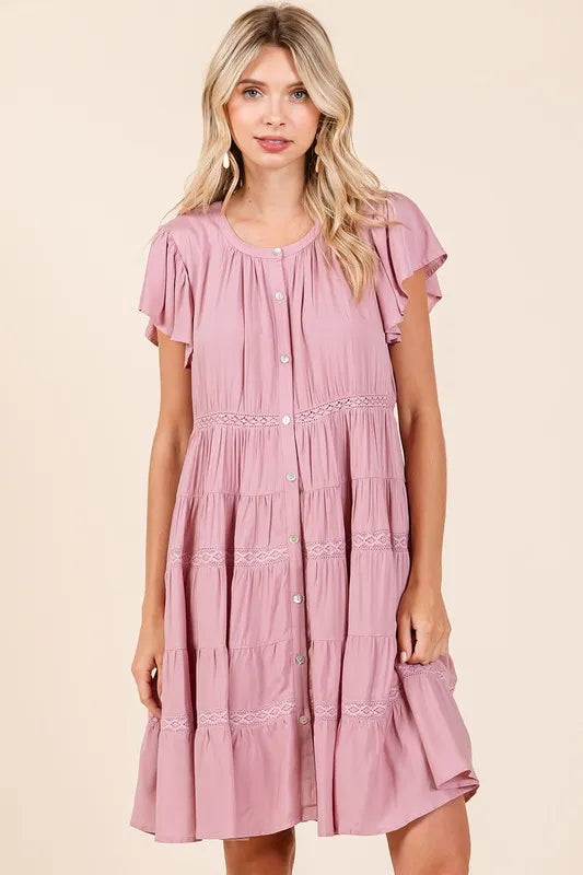 Lace Detail Ruffled Button Down Tiered Dress - Dusty Pink - product view 1
