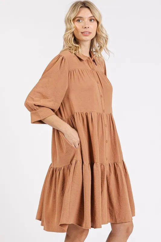 Button Detail Collared Neck Tiered Shirt Dress - Ochre - product view 2