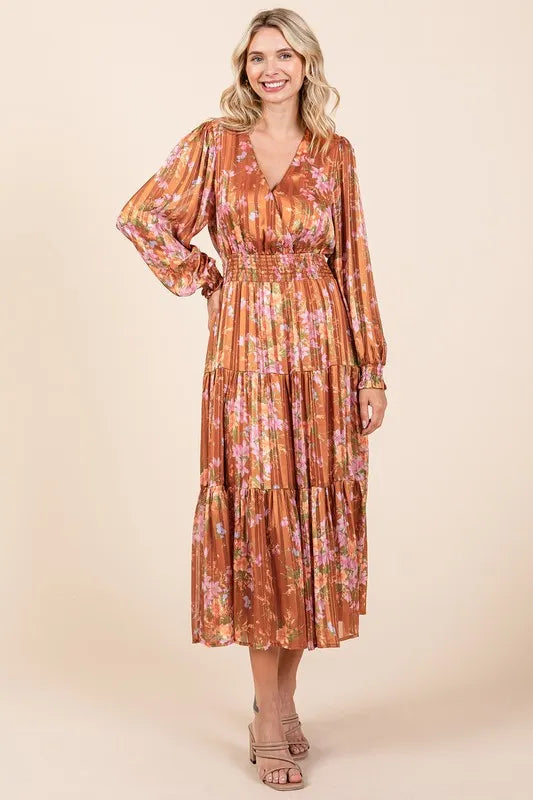 Flower Print Satin Lurex Stripe Smocked Midi Dress in Terracotta - product view 5