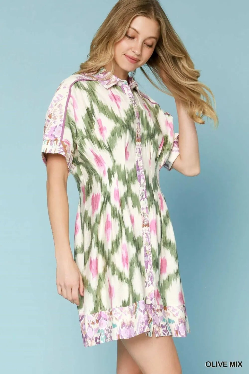 Ethnic Print Short Sleeve Mini Shirt Dress in Olive Mix - product view 3