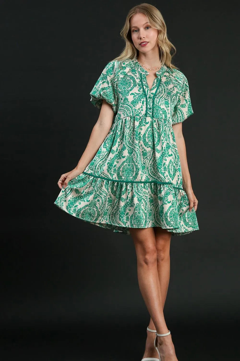Full Size Printed Notched Puff Sleeve Mini Dress Plus Size - Teal - product view 3
