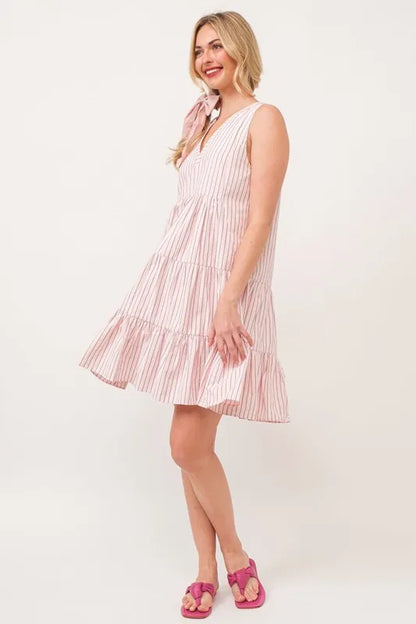 Striped Sleeveless V-Neck Tiered Dress in Pink - product view 3