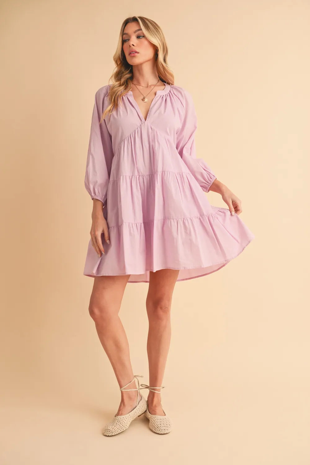 Notched Balloon Sleeve Tiered Mini Dress - Lilac - product view 10