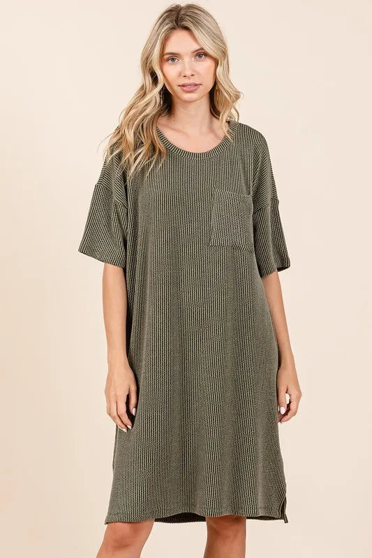 Urban Rib Knit Short Sleeve Tee Dress - Army Green - product view 2