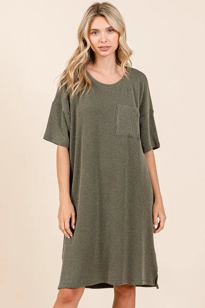 Urban Rib Knit Short Sleeve Tee Dress - Army Green - product view 2