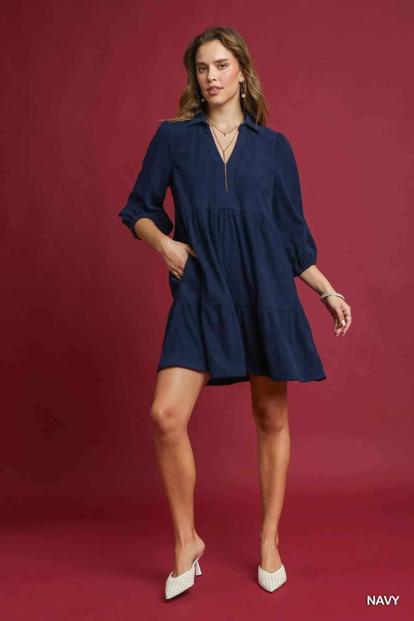 Tiered Corduroy Mini Dress with Balloon Sleeves - Navy - product view 2