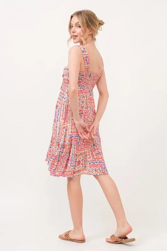Tied Front Smocked Back Tiered Boho Printed Dress in Red Multi - product view 7