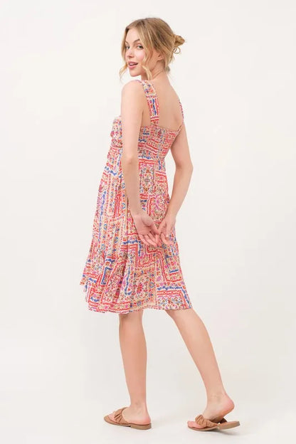Tied Front Smocked Back Tiered Boho Printed Dress in Red Multi - product view 7