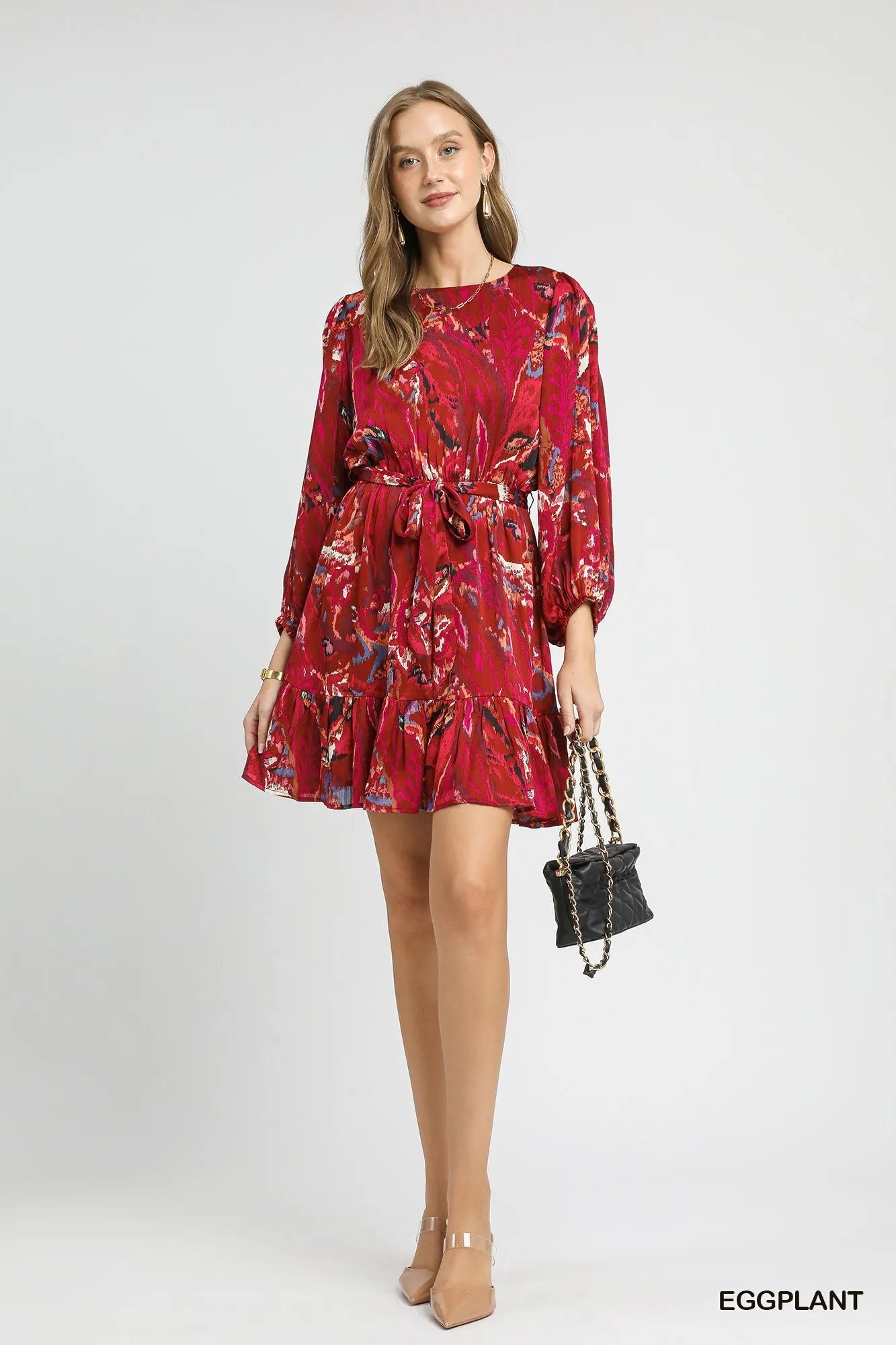 Ruffled Hem Printed Balloon Sleeve Dress in Eggplant - product view 3