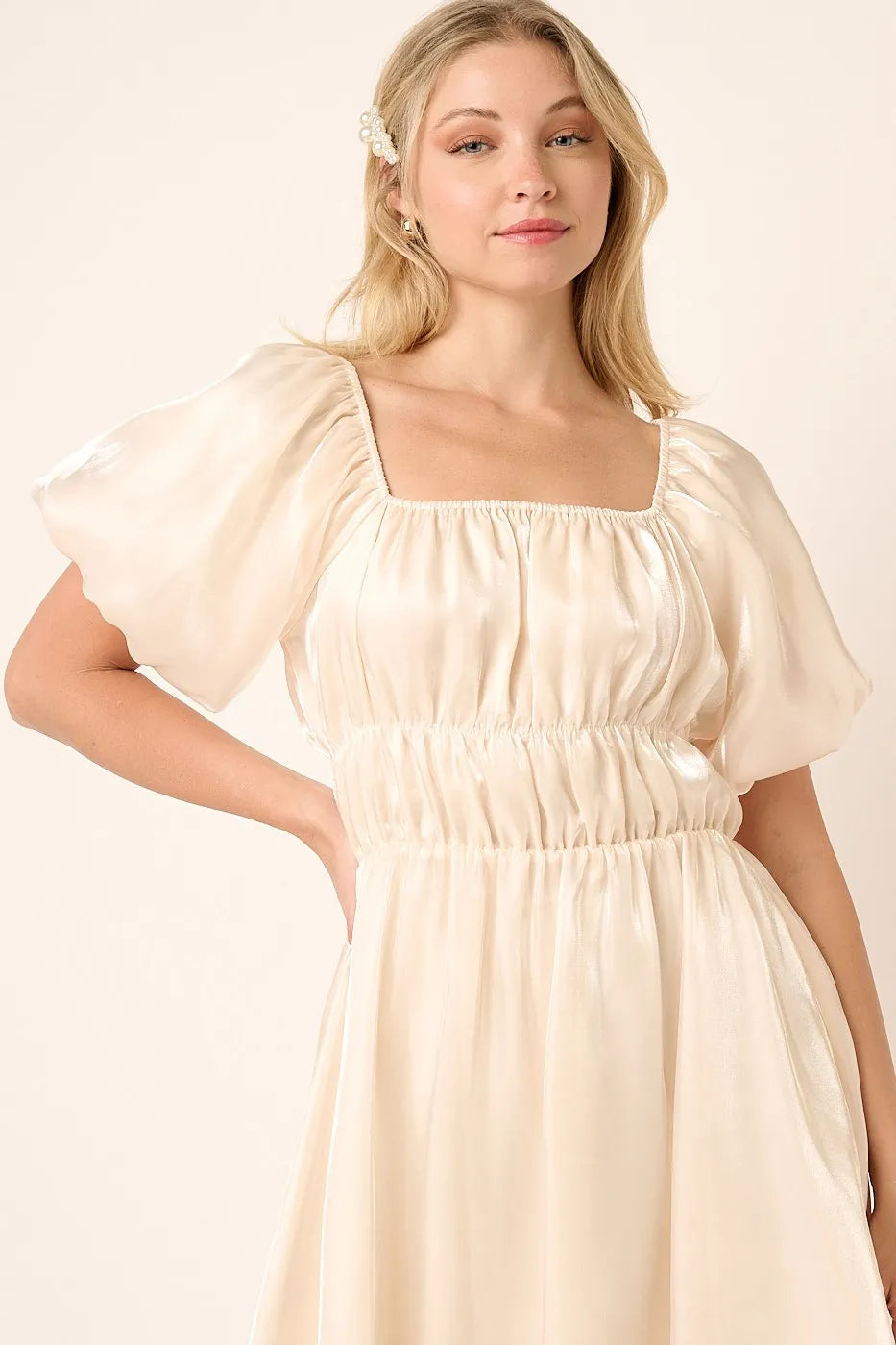 Metallic Organza Fabric Balloon Sleeve Mini Dress in Cream - product view 3