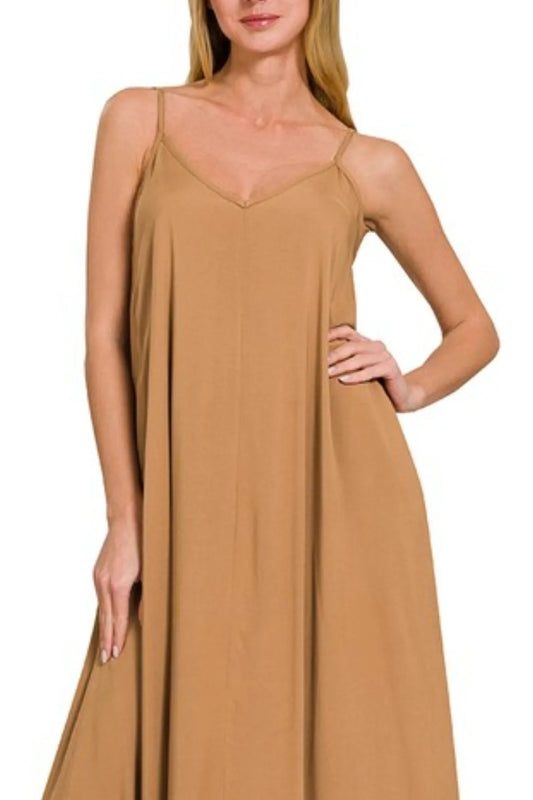 Woven Arc Hem Cami Dress With Flowy Pockets - Deep Camel - product view 2