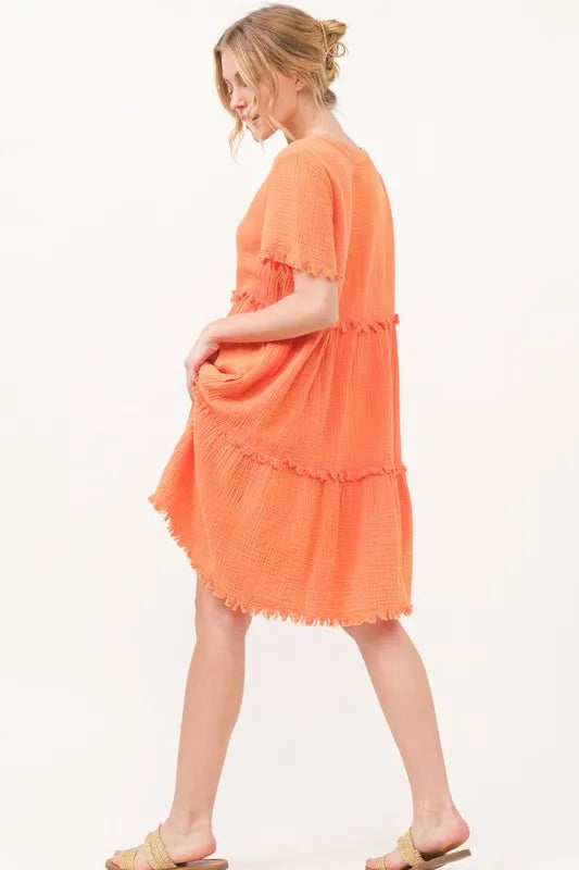 Washed Frayed Detail Tiered Dress - Orange - product view 5