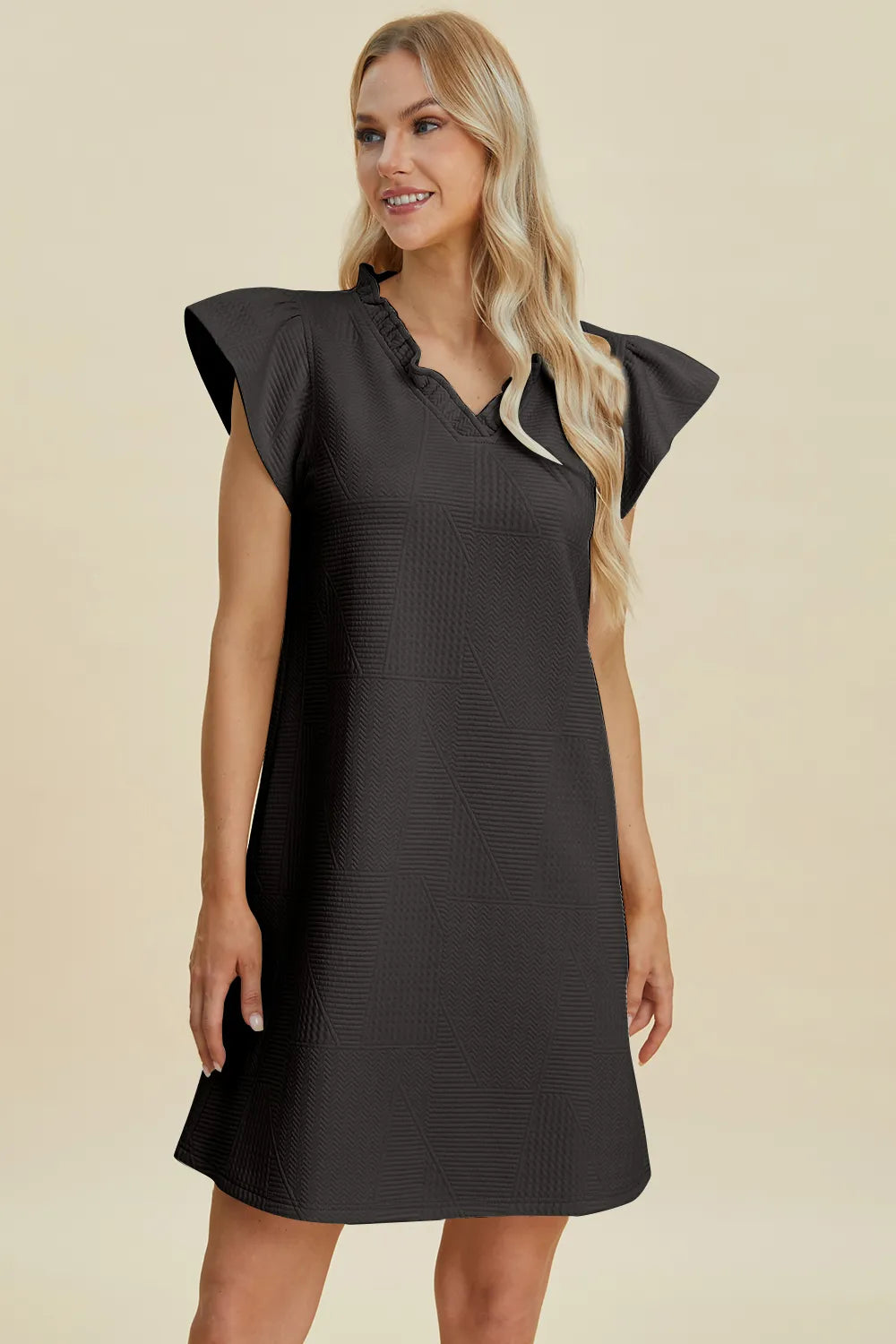 Full Size Ruffled V-Neck Cap Sleeve Dress in Dark Green, Black and more - product view 6