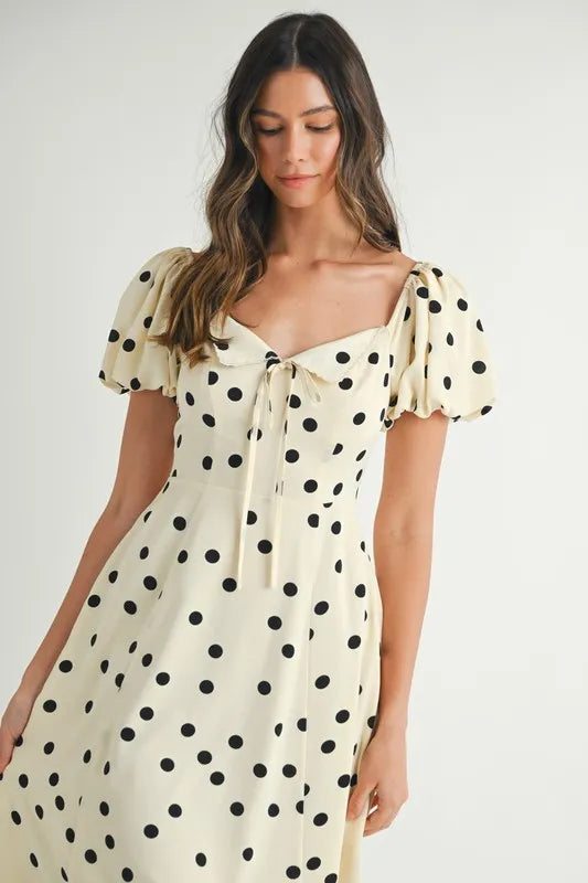Polka Dot Puff Sleeve Midi Dress - Cream - product view 9