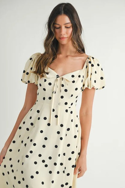 Polka Dot Puff Sleeve Midi Dress - Cream - product view 9