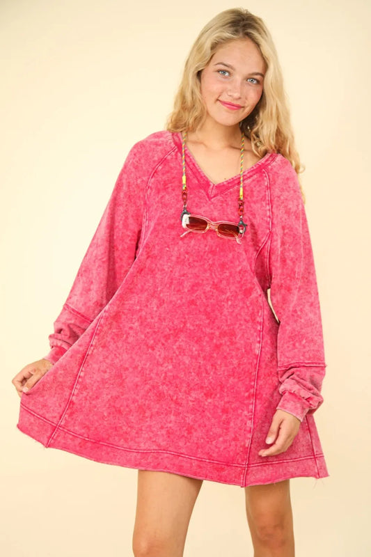 Mineral Washed Oversized A-Line Mini Dress in Magenta - product view 1