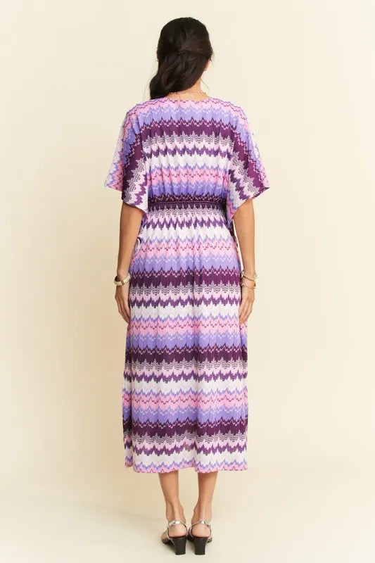 Multi Color Wavy Tie Waist Flowy Sleeve Dress - Lilac Multi - product view 2