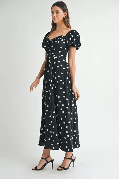 Polka Dot Puff Sleeve Midi Dress - Black - product view 12