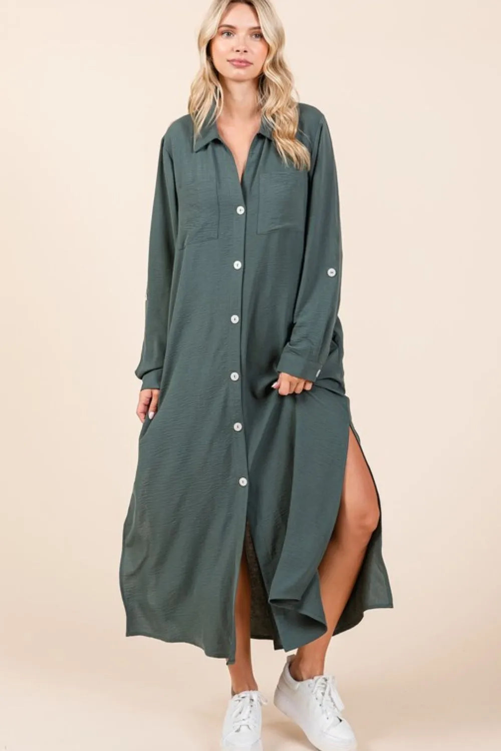 Airflow V-Neck Long Sleeve Button Down Maxi Dress in Lt Hunter - product view 4