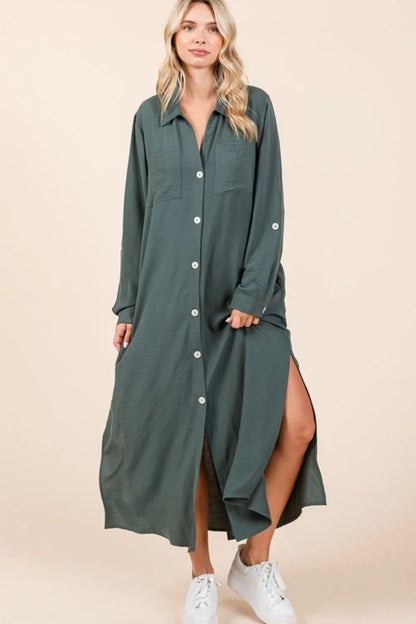 Airflow V-Neck Long Sleeve Button Down Maxi Dress in Lt Hunter - product view 4
