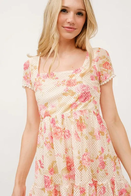 Square Neck Tiered Floral Fishnet Dress in Multi - product view 2
