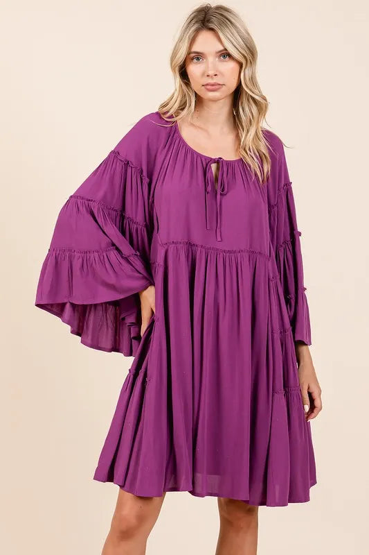 Frill Tie Neck Bell Sleeve Dress - Red-Violet - product view 2