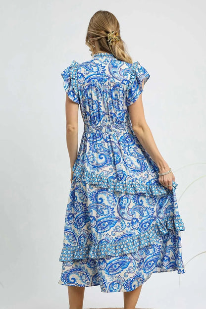 Paisley Print Ruffle Sleeve Midi Dress in Royal Blue - product view 4