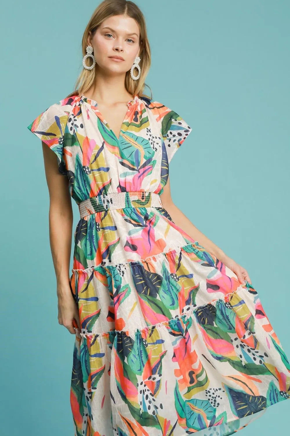 Full Size Leaf Print Cap Sleeve Tiered Midi Dress Plus Size in Orange Mix - product view 1