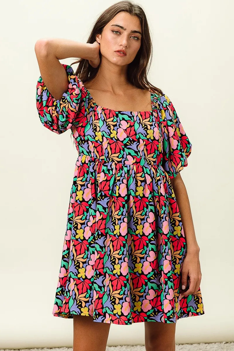 Floral Print Puff Square Neck Dress in Black Multi - product view 14