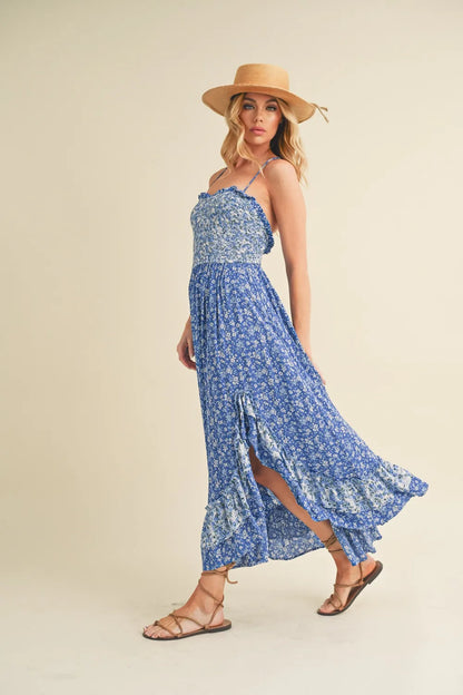 Ditsy Floral Ruffled Hem Maxi Cami Dress in Blue - product view 4