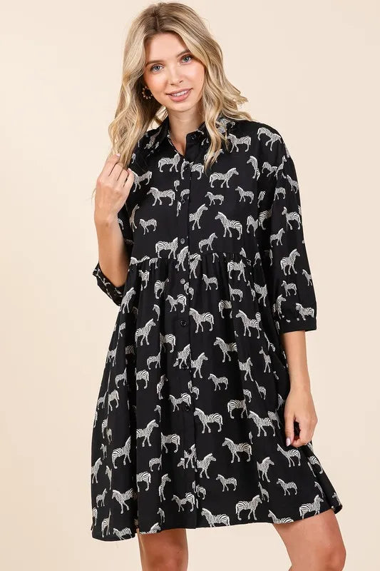 Zebra Print Button Down Shirt Mini Dress - Black - product view 4