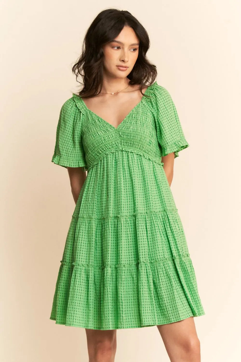 Jacquard Checker Smocking Tiered Dress - Ibiza Green - product view 4